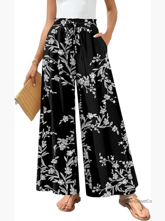 Pants - Palazzo Pants for Women Dressy Casual Wide Leg Elastic Waist Flowy Pockets